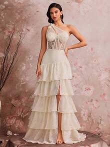 Women's Corset Fishbone Handmade 3D Flower Embroidered Sequin Slanted Shoulder Slit A Line Sexy Dress Adjustable Back Strap Suitable For Different Body ,Elegant Luxurious Long Dress For Women, Making Women Younger And More Charming, Suitable For Various Parties, Graduations, Weddings, Events And Various Banquets Dancing Parties, Formal Ball Gown Party Dress, Wedding Guest Dress ,Evening Dress(Deluxe Edition) - 杏色 - 查看 3