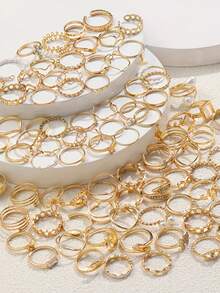 FAXHION 89pcs/Set Fashionable Simple Moon Sun Butterfly Heart Flower Leaf Faux Pearl Rhinestone Wave Geometric Spiral Ring Set, Suitable For Holidays, Parties, Dating, Gifts And Daily Wear (No Box) - Vàng kim-89 miếng - Xem 5