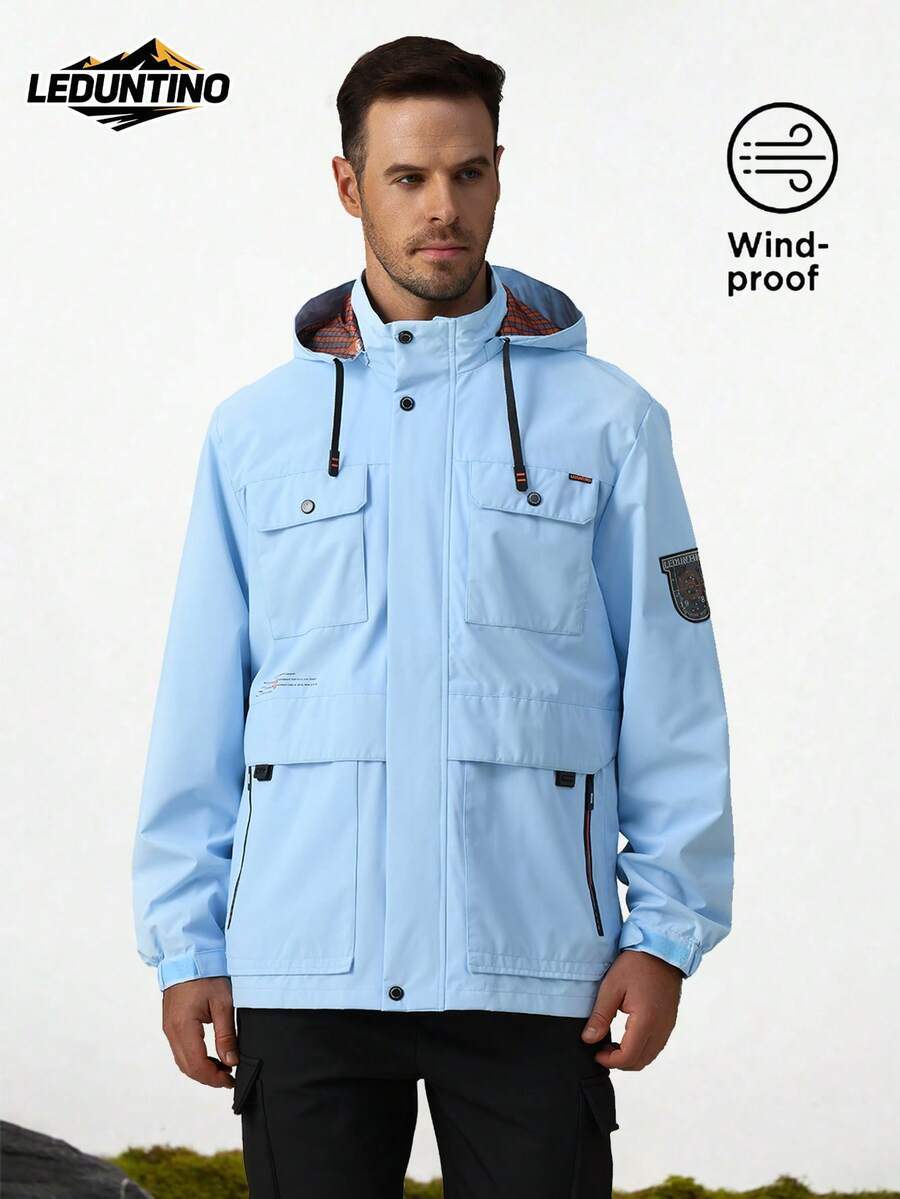 LEDUNTINO Herren Mode neue lässige Jacke mit Multi-Taschen, Buchstaben-Muster und abnehmbarer Kapuze, dünn für Lässig und Outdoor Sport im Frühjahr und Herbst - Blau - Übersicht 1