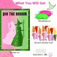 1 set, Juego de fiesta de "Clava la escoba en la bruja" de cartón, póster con tema mágico de fantasía en rosa y verde, 50 x 69 cm, para actividades de fiesta de cumpleaños, suministros de celebración con tema de Halloween