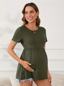 Women's Maternity Tops Short Sleeve Scoop Neck Elastic Band High Waist Shirts Pregnancy Clothes - xanh quân đội - Xem 1