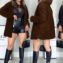 Women's Teddy Coat With Hood And Pocket For Winter - Brown - View 1