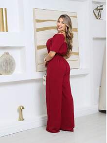 Duna Women's Tailored Jumpsuit With Short Sleeves And Buttoned Wide Leg Pants - 酒紅色 - 查看 2