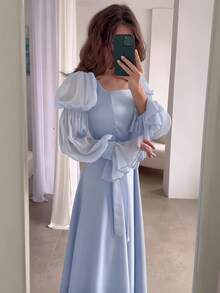 优雅女士长款修身梭织连衣裙，透明长袖，圆领，休闲风格