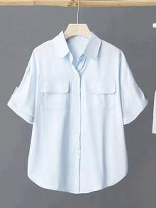 Camisa casual para mujer de manga remangable y unicolor - azul cielo - Ver 2