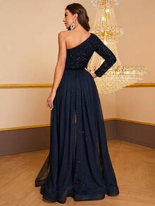 YISIKADO Women's Sequin One-Shoulder Sleeve Jumpsuit, Party & Evening Dress - Navy Blue - View 2
