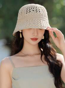 1pc Women Solid Color Knitted Hollow Out Bucket Hat, Simple Fashion Versatile Summer Breathable Sun-Shading Cap, Face Slimming Bucket Hat