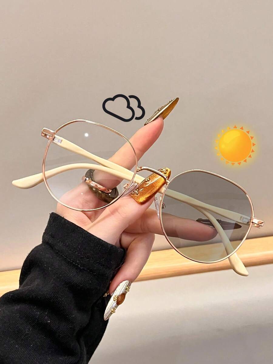 1副塑料金属几何全框新款高级多色现代简约风格变色女式时尚眼镜，适合日常生活、夏季驾驶、户外徒步、海滩露营、音乐节、约会、外出等场合佩戴，是夏季海滩度假、户外活动和旅行的时尚配饰。