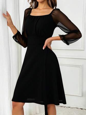 Vestido Liso Elegante Nocturno Fiesta Reunion Oficina Jardin Semiformal Formal Mujer Dama Dulce Cinturon Mangas Globo Sofisticado