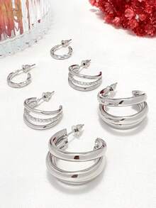 Kit 3 Pairs Of Wonderful Triple Hoop Earrings + Three Hoop Earrings + Mobius Earrings Plated In 18k Gold And 925 Silver. - Bạc - Xem 1