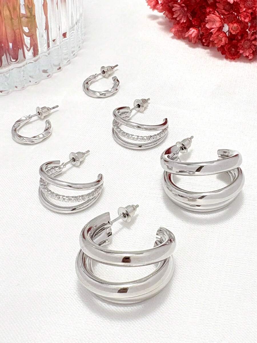 Kit 3 Pairs Of Wonderful Triple Hoop Earrings + Three Hoop Earrings + Mobius Earrings Plated In 18k Gold And 925 Silver. - Bạc - Xem 1