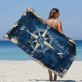 1pc Vintage Blue Compass Printed Beach Towel - Extra Soft, Quick Dry, Oversized Nautical Towel, Suitable For Summer, Beach And Sailing Adventure, The Perfect Gift For Mom And Travel Lovers, Essential Beach Accessory With Countryside Style Fabric Bathroom Decor Beach Essentials