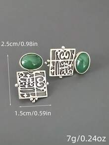 2 件复古宝石耳环，复古几何雕刻仿石榴石金属仿古银耳环耳钉，适合女士，搭配日常服装和派对配饰 - 復古銀色 - 查看 7