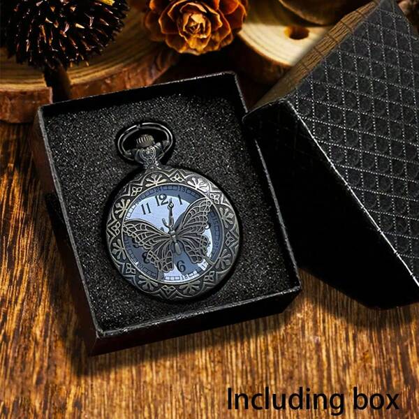 1pc Vintage Hollow Cartoon Quartz Necklace Watch, Student & Couple Gift, Flip Cover Pendant Watch + Box