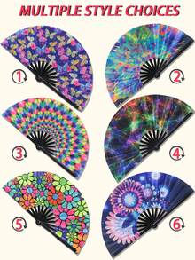 1pc Large UV Rave Hand Fan, Bamboo Frame, Suitable For Parties, Music Festivals, Performances And Gifts - Multicolor - View 7