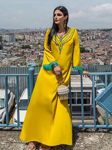 5089 Mustard V-Neck Abaya, Jewel Embellished Neckline & Feather Cuff, Embroidered Party Dress For Eid, Modest - Yellow - View 2