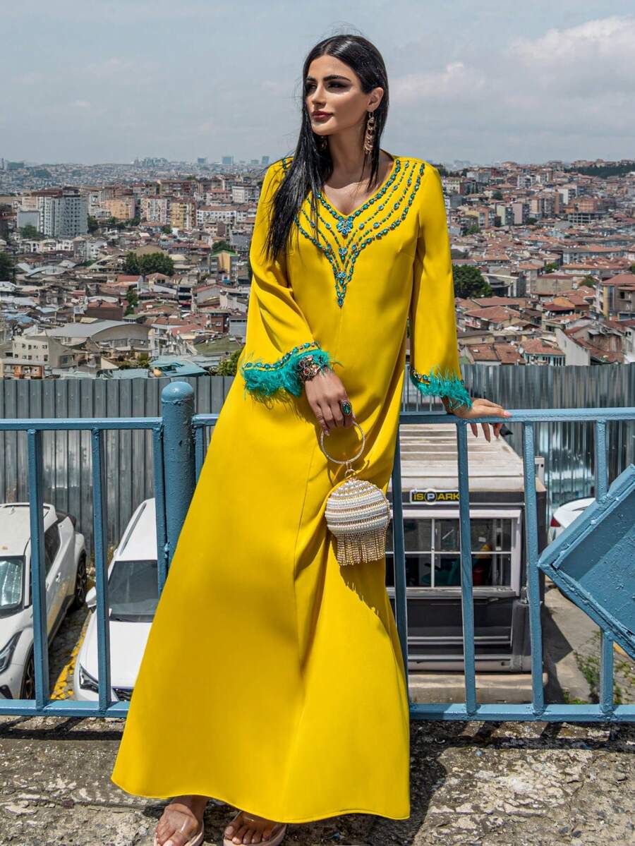 5089 Mustard V-Neck Abaya, Jewel Embellished Neckline & Feather Cuff, Embroidered Party Dress For Eid, Modest