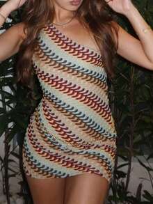 Bohemian Patchwork Color-Blocking Jacquard Mini Halter Sundress, Suitable For Beach & Casual Vacation - 藍色 - 查看 4