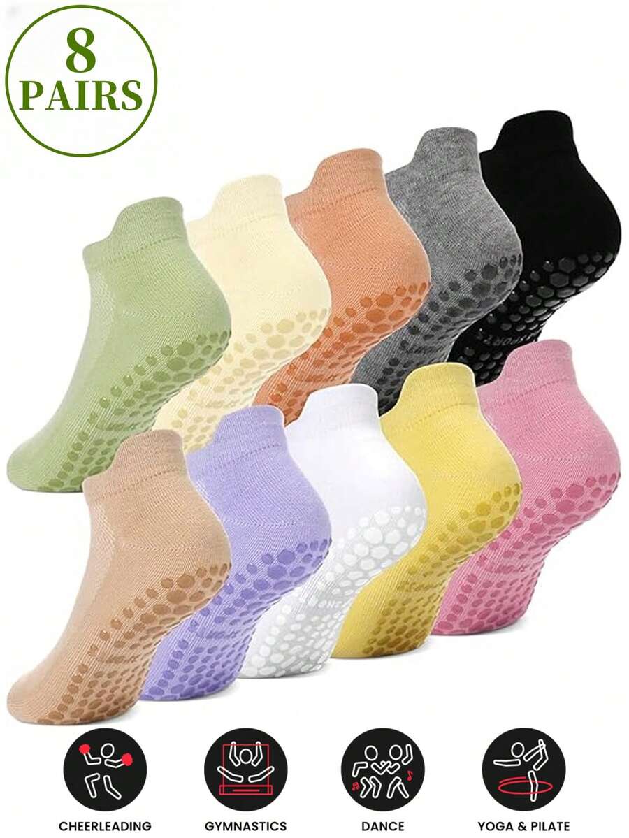 8 Pairs Soft, Lightweight, Breathable Short Yoga Socks For Women, Suitable For Spring/Autumn Daily Wear, Pilates, Yoga, Aerobics, Outdoor Running, Cycling, Hiking - Multicolor - View 1
