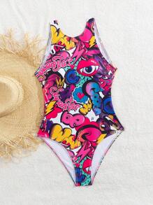 Maiô feminino sexy com costas nuas e letras gráficas, para férias de verão