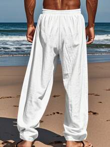 Men White Linen Woven Loose Casual Long Pants, Suitable For Spring/Autumn/Summer, Fall