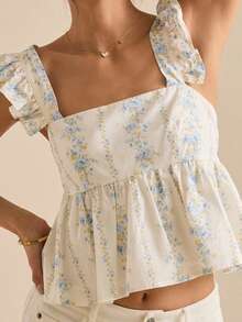 Women's Summer Floral Print Tank Tops Ruffle Cap Sleeve Bow Tie Backless Crop Top Square Neck Ruffle Hem Blouse Tops - 白色 - 查看 1