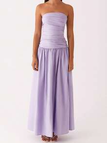 Women Tube Top Maxi Dress Elegant Sleeveless Strapless Ruched Flowy Dress Summer Long Wedding Party Cocktail Dresses - Purple - View 1
