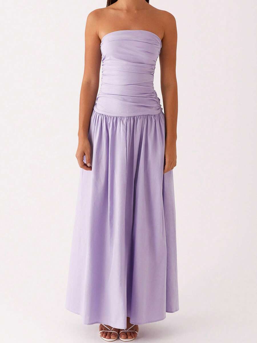 Women Tube Top Maxi Dress Elegant Sleeveless Strapless Ruched Flowy Dress Summer Long Wedding Party Cocktail Dresses - 紫色 - 查看 1