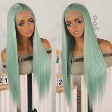 Long Silky Straight Synthetic Lace Front Wigs Light Green Color Hair Replacement Wig Glueless 13x4 Free Part HD Lace Pre Plucked Baby Hair Natural Hairline 26 Inch 180% Density Heat Resistant Fiber For Fashion Women Girls Daily Party Use Ready To Wear - 青碧色 - 查看 2