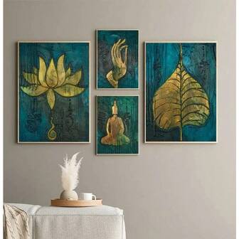 1 pieza Cuadro de arte en lienzo con estatua de Buda y flor de loto, estilo vintage de Asia Sudoriental, estilo tailandés, póster para estudio de yoga, decoración de sala de estar, regalo opcional con marco