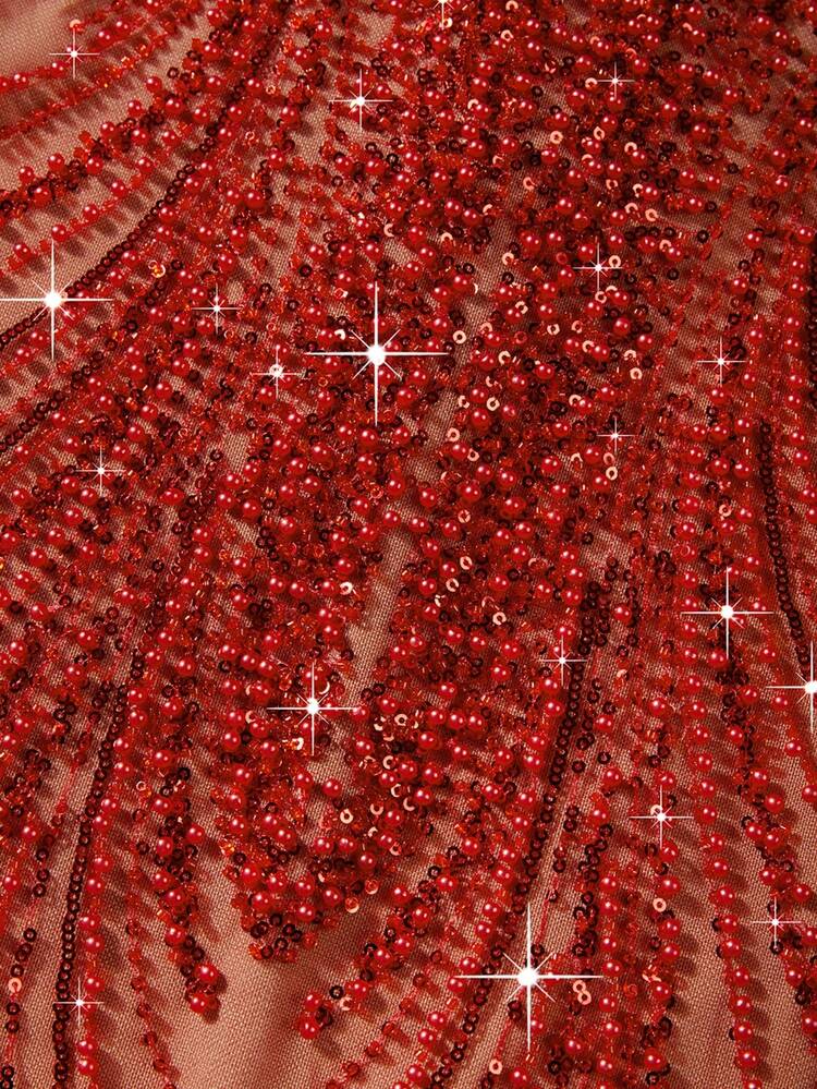 Astony One 新款性感修身优雅亮片装饰无肩带连衣裙，红色晚礼服，适合新年、情人节、狂欢节、音乐节派对、订婚、婚礼、生日、红毯活动等场合。 - 紅色 - 查看 10