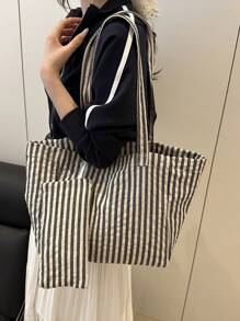 Bolso de gran capacidad de estilo casual a rayas, bolso de compras, vacaciones y escuela, set de 2 piezas con monedero y dije