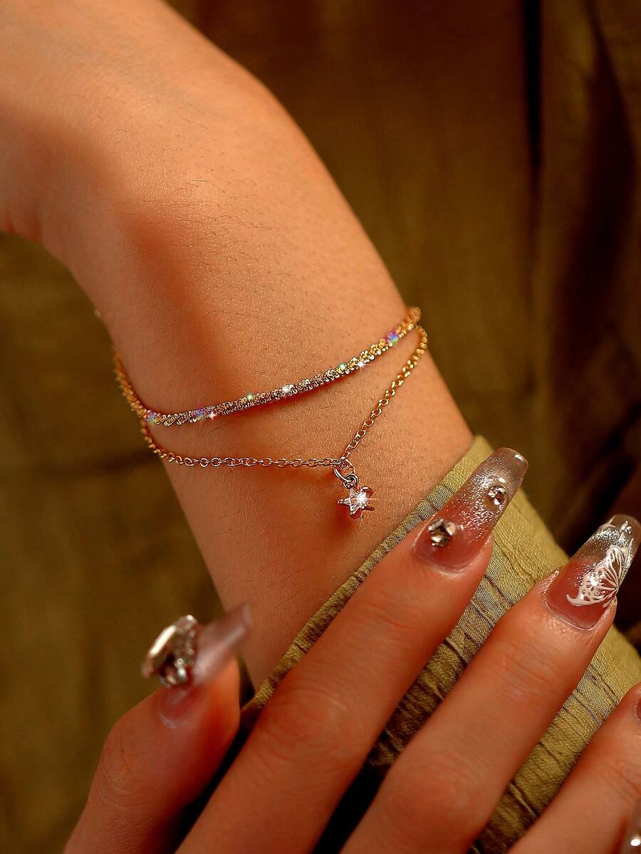 Nooxian 2pcs/Set Fashion Simple Star Cubic Zirconia Layered Bracelet, Exquisite Jewelry Gift For Women - Golden - View 1