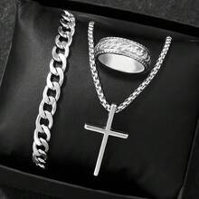 3pcs Cross Style Hip Hop Fashion Jewelry Set, Includes Necklace, Ring, Bracelet, Non-Fading, Non-Allergic, Minimalist, Suitable For Daily Wear, Gift For Men - Multicolor - View 1