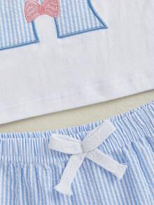 Toddler Baby Little Girl Shorts Set Summer Outfit Puff Sleeve T-Shirt And Smocked Ruffle Shorts Cute Clothes Set - Màu xanh lam - Xem 7