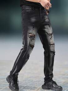 1pc Men's Slim Fit Black Straight Leg Distressed Jeans, Casual Street Wear Cargo Denim Pants, Suitable As Gift For Husband Or Boyfriend