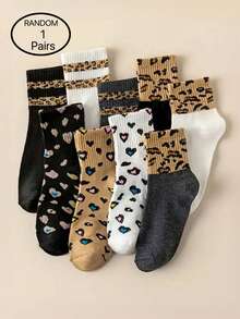 1 双/10 双随机颜色豹纹和条纹图案时尚百搭舒适女士中筒袜，适合圣诞节、返校季、骄傲月（美国）、复活节、母亲节、父亲节、狂欢节、斯堪的纳维亚极简主义风格、休闲日常穿着、春夏秋季