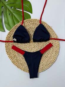 Two-Tone Perfect Bronze Curtain Set With Double String Panties Polyamide Halter Bikini - Màu xanh hải quân - Xem 2