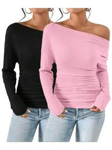 Women's Plain Minimalist Basic Ruched Asymmetrical Neck Drop Shoulder Tee, Elegance Mufti Clothes, Fall Long Sleeve T-Shirt For Everyday, Back To School T Shirts, Lady Clothes For Streetwear, Womenswear, Casual Wear - 黑色*1件+粉紅色*1件 - 查看 2