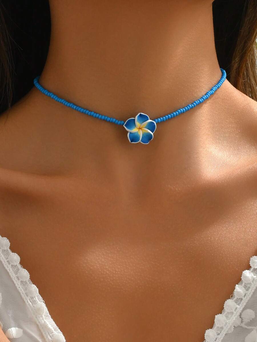 1pc Boho Style Creative Soft Clay Flower Woven Adjustable Women Necklace - Blue - View 1