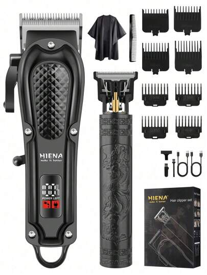 HIENA HIENA 2 Pieces Professional Hair Clipper Combination Set, Men's Cordless Hair Clipper With 5 Models And Styles, T9 Blade For Smooth Shaving, USB Charging Port With LED 1500mAh Lithium Battery, The Closest Companion To Accompany Family