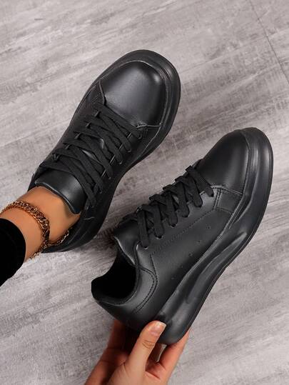 女士户外简约时尚纯色拼接线条装饰舒适软底低帮系带学生返校滑板休闲运动鞋