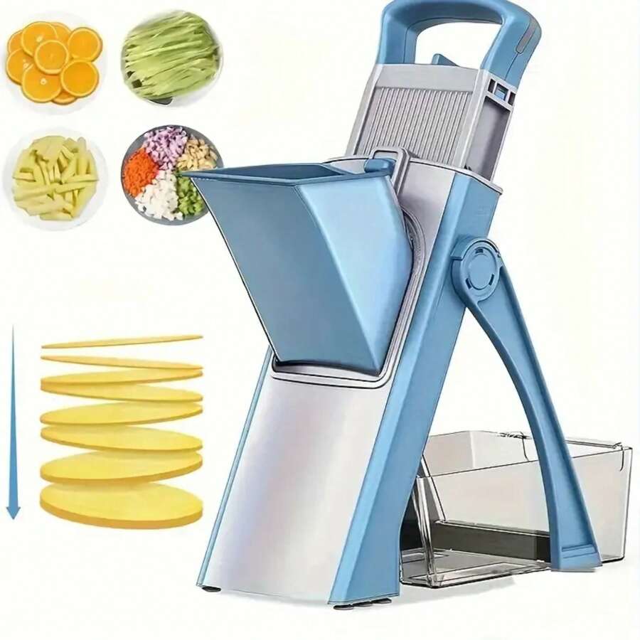[5 In 1] Safe Mandoline Slicer For Kitchen | 5 In 1 | Vegetable Chopper, Mandolin Potato Slicer With Thickness Adjuster, French Fry Cutter, Veggie Dicer | Faster Kitchen Slicer For Meal Prep | Blue/Greener