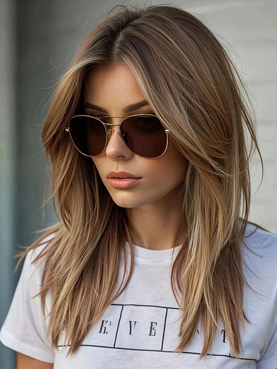 16 Inch Middle Long Straight Hair Brown To Blonde Wig Dark Roots Synthetic Wigs Heat Resistance Hair With Side Bangs Wigs For Women - Brown Ombre - View 1