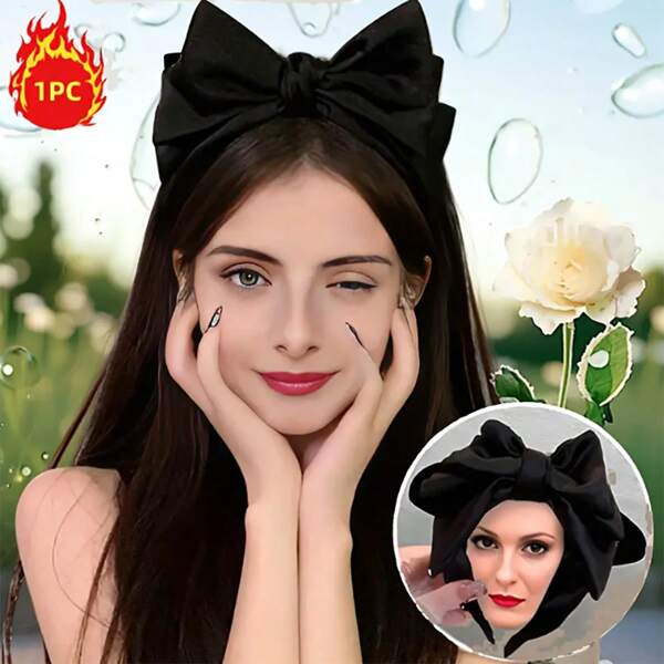 1pc Durable & Elegant Black Bow Headband - Made Of High-Quality Polyester Fiber, Smooth Design For All Seasons, Versatile Women's Daily & Special Occasion Accessory, Fashionable Outdoor Activity Hairpiece, Comfortable & Fitting Bowknot Back To School