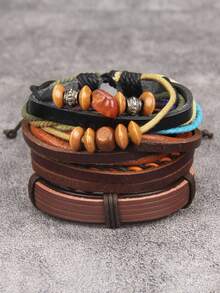 1 Set Of 4pcs Red Fashion Leather Bracelets, Unisex Adjustable Braided Leather Multi-Layers Bracelet, Retro Cuff Suitable For Daily Wear - Bracelet - View 6