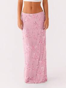 Women's Y2K Summer Sequin Maxi Skirt Sparkle Rhinestone High Waist Floral Embroidery Long Skirt Going Out Glitter Skirt Club Streetwear - Hồng - Xem 2