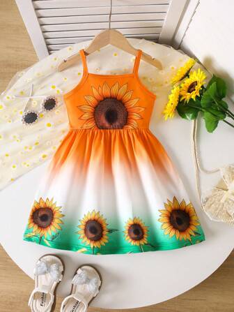 1 件女童幼儿休闲向日葵渐变印花柔软舒适针织面料无袖连衣裤，适合户外穿着，春夏季