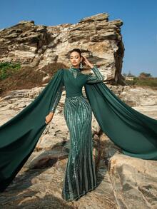 Luxurious Beaded Sequined Evening Gown With Extra Long Sleeves, Mermaid Tail Prom Dresses Perfect For Red Carpet Galas, Luxury Weddings, Music Awards, And Metaverse Fashion Shows - Dark Green - View 7
