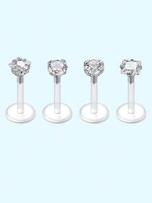 4Pcs Love/Star/Square/Round Shape Clear CZ Labret Inthread & Threadless Lip Rings Nose Rings Studs Stainless Steel Helix Conch Cartilage Earrings Piercing Jewelry For Women Man Personalized Decor